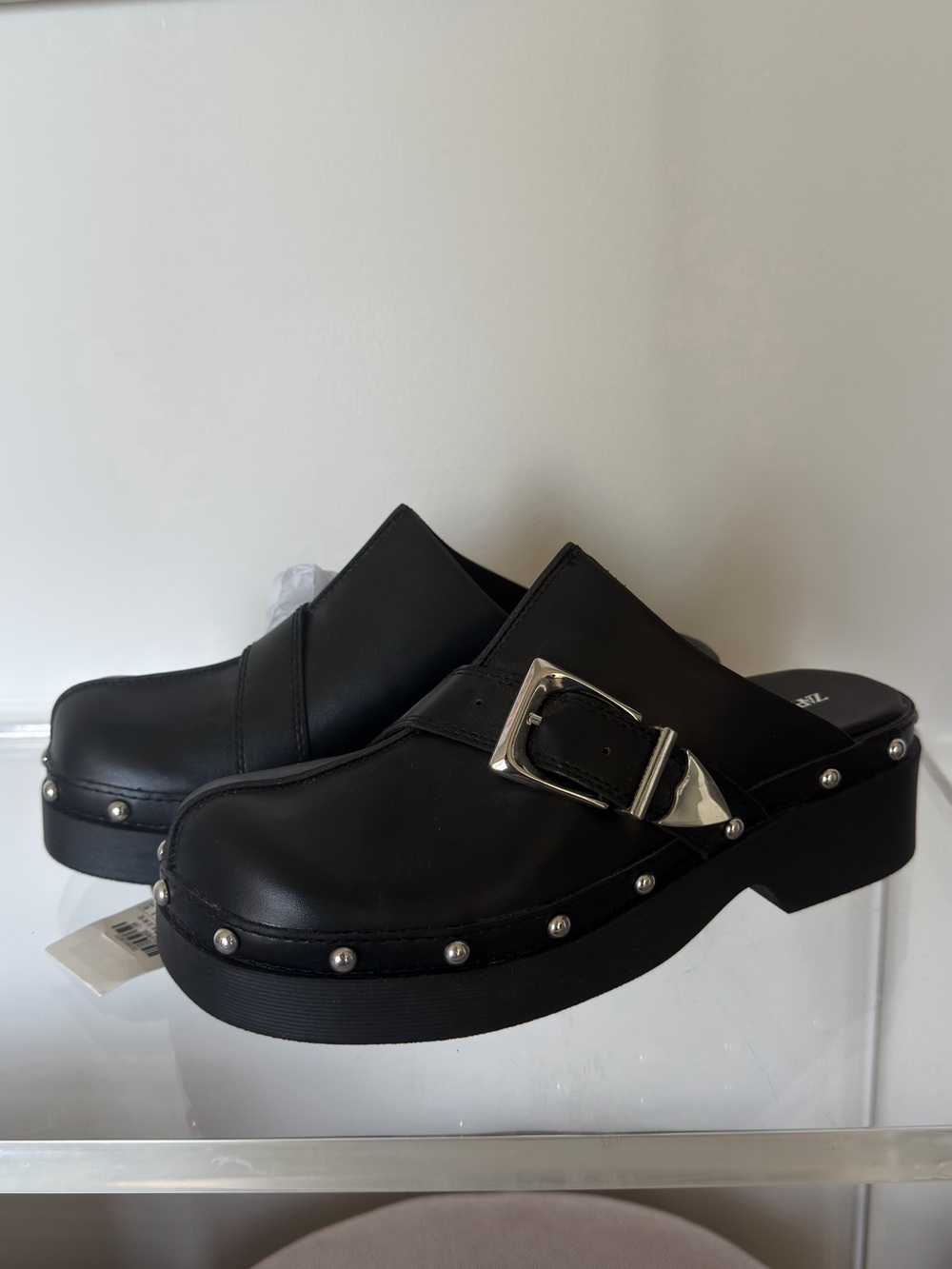 Zara Black Studded Platform Mules with Silver Buckle